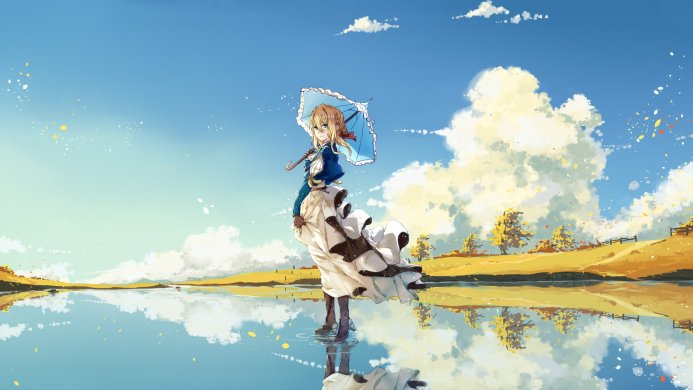 Violet Evergarden standing on water with an umbrella, anime style