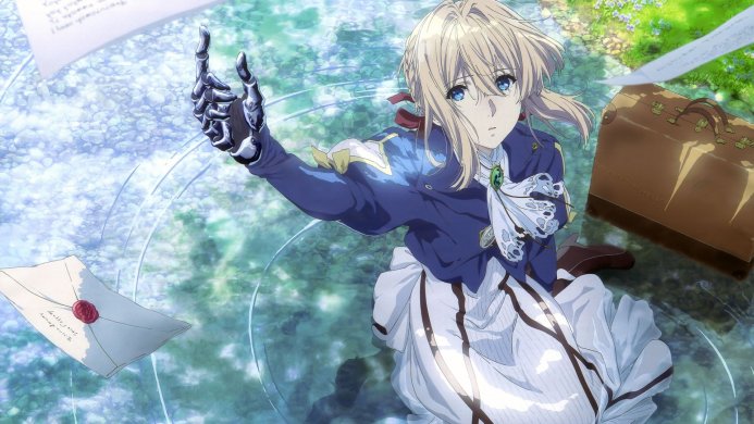 Violet Evergarden, an anime character with a prosthetic arm, reaching into water with floating letters