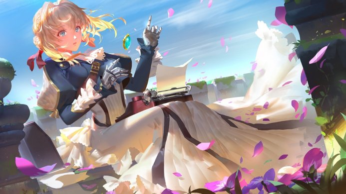 Violet Evergarden sitting with a typewriter, surrounded by flower petals
