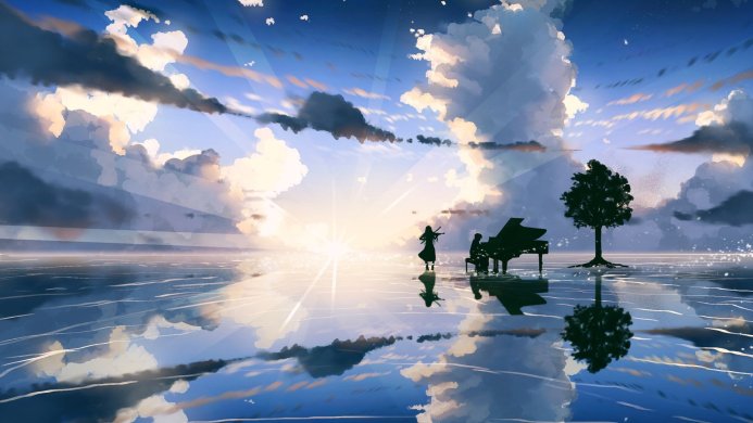 A violinist and pianist play music on a reflective surface under a cloudy sky