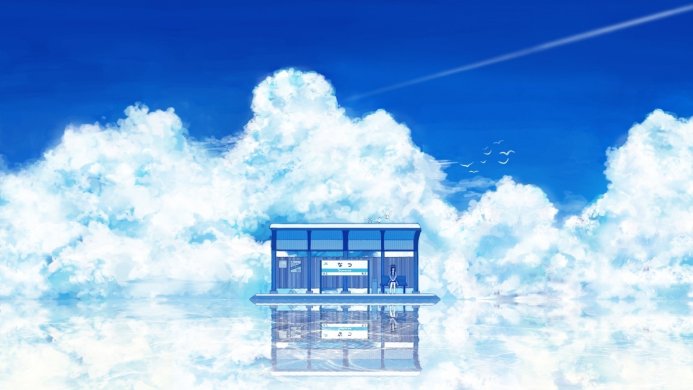 A waiting hall reflected in water with fluffy clouds and blue sky