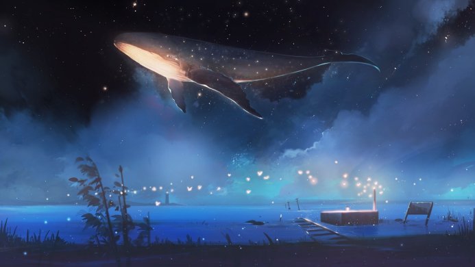 A whale floats in the night sky with a sea landscape underneath, dreamy art