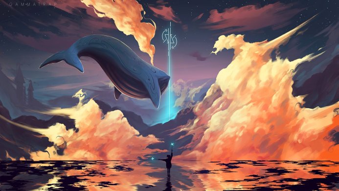 A whale floats in the sky above a figure standing in water with magical beams of light