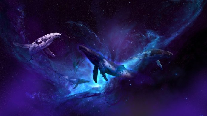 Several whales swimming among stars and nebulae in a cosmic scene