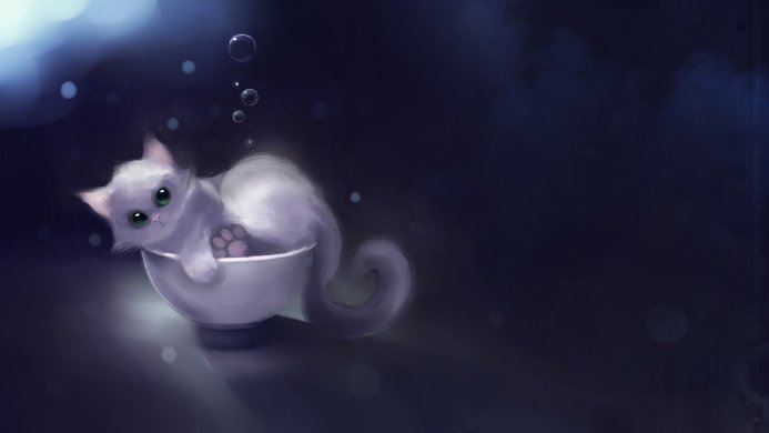 A white cat with green eyes sitting in a bowl with bubbles around it
