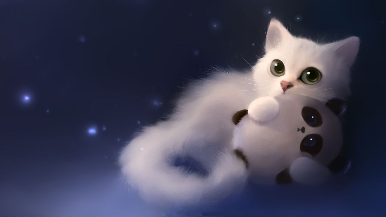 White fluffy cat holding a small panda toy