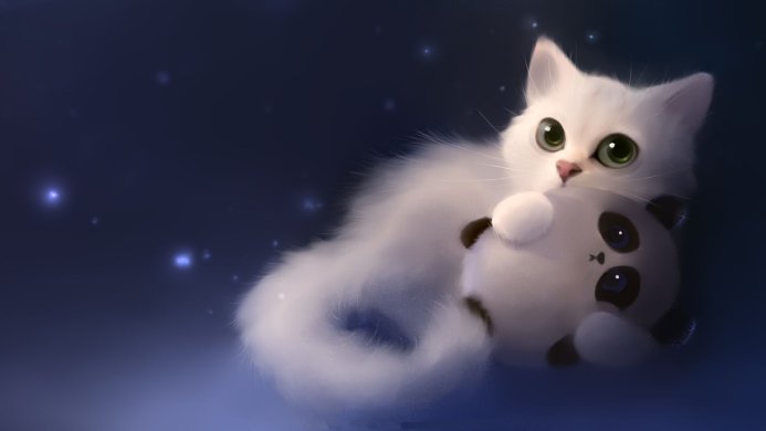 A fluffy white cat holding a plush panda toy against a dark blue background