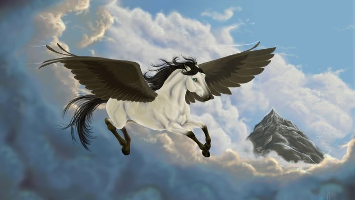 A white pegasus with dark wings flying through a cloudy sky, with a mountain peak in the distance