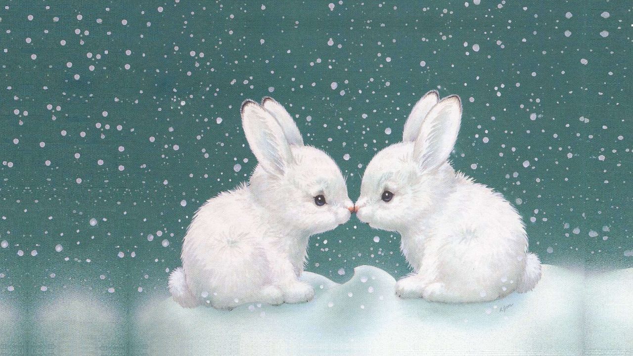 Two white rabbits nose to nose in snow