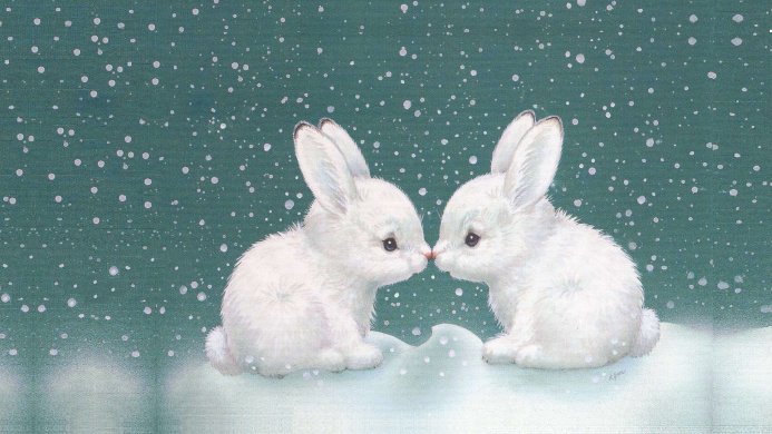 Two white rabbits nose to nose against a green backdrop with falling snow