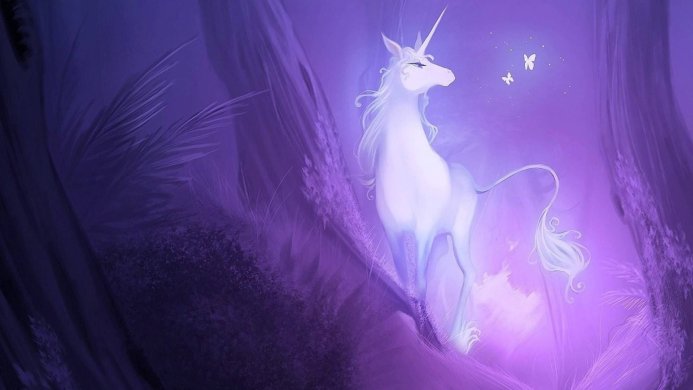 A white unicorn standing in a purple forest with two glowing butterflies