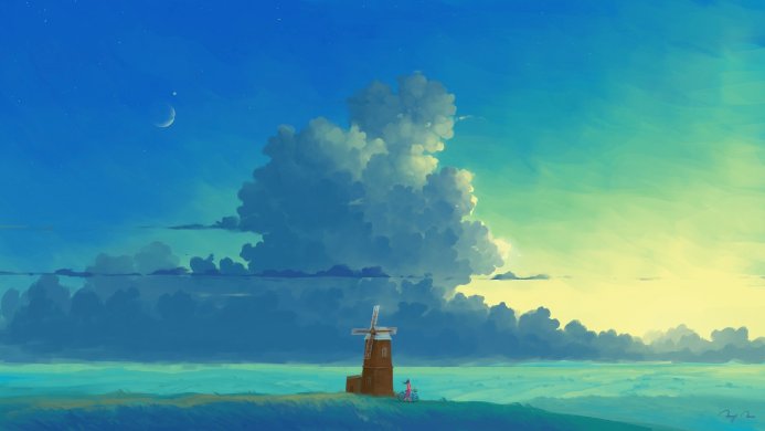 Illustration of a windmill under a cloudy sky with a cyclist in the distance