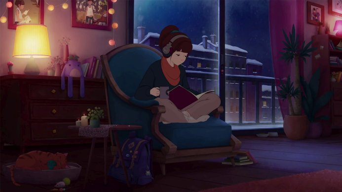A woman reading a book in a cozy room with a cat sleeping nearby on a cold winter night