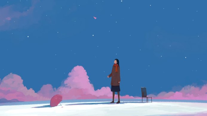 Woman standing in a snowy landscape under a starry sky, with an umbrella and a chair