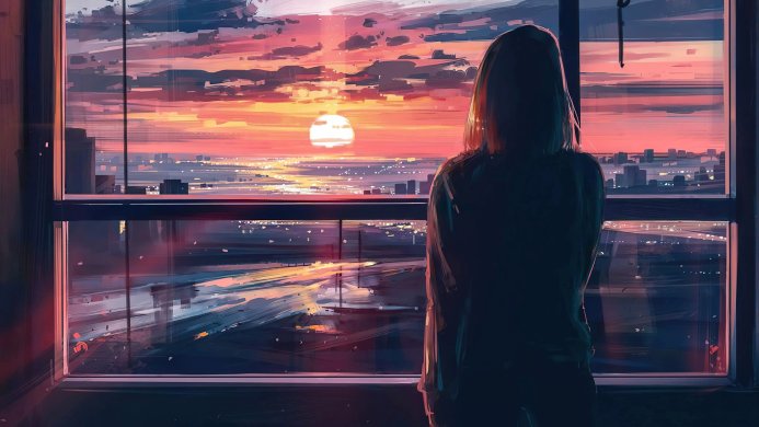 A woman looks out the window at a vibrant sunset over a city