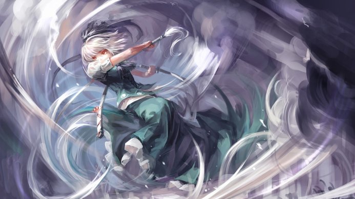 Youmu Konpaku from Touhou Project wielding a sword amidst swirling white patterns