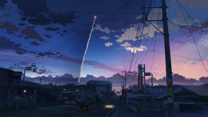 Anime cityscape with a meteor trail in the evening sky. From the movie Your Name
