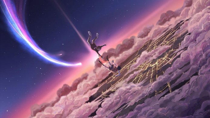 Two anime characters falling from the sky in "Your Name" with a comet in the background