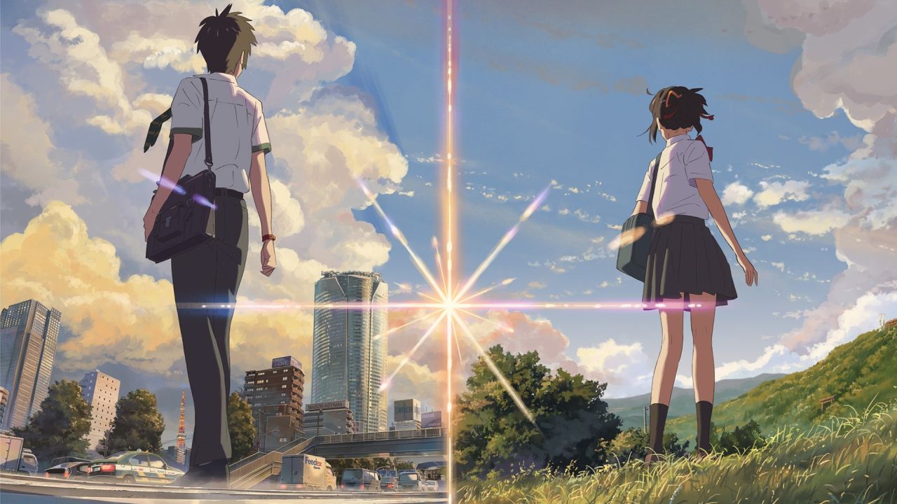 Taki and Mitsuha looking at sky from Your Name