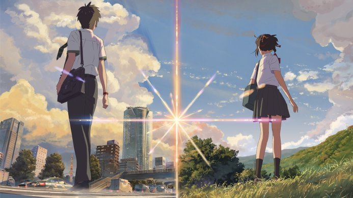 Taki and Mitsuha, characters from "Your Name", looking at each other across a cityscape and field