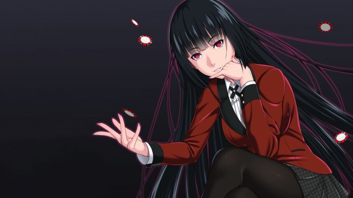 Yumeko Jabami, a character from Kakegurui, in a school uniform and dropping gambling chips