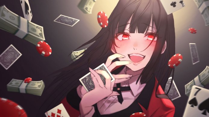 Yumeko Jabami from Kakegurui surrounded by cards and casino chips