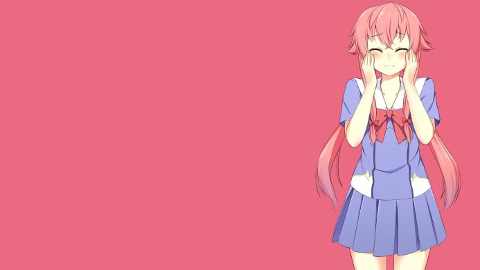 Yuno Gasai, a character from Mirai Nikki, with pink hair in a blue school uniform