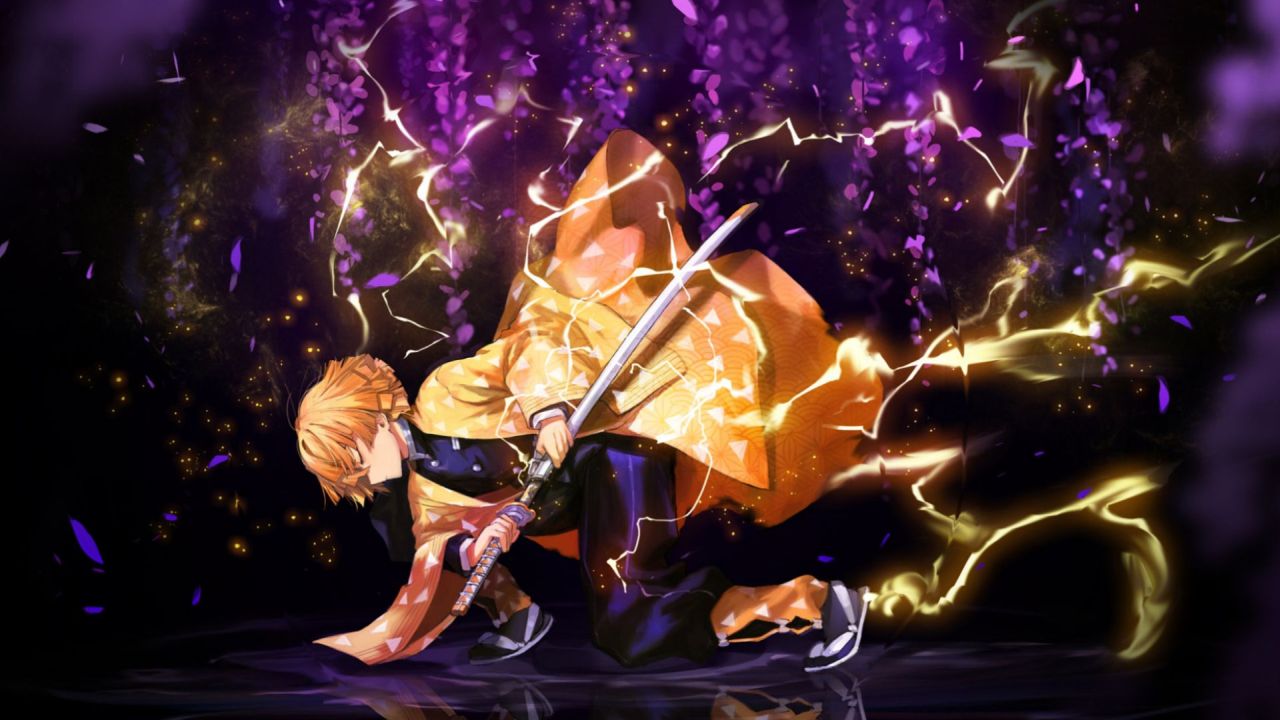 Zenitsu Agatsuma with sword and lightning in wisteria