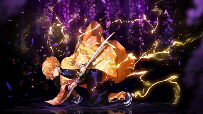 Zenitsu Agatsuma from Demon Slayer in action with his sword surrounded by lightning effects