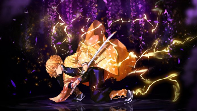 Zenitsu Agatsuma from Demon Slayer in action, surrounded by yellow lightning and purple flowers
