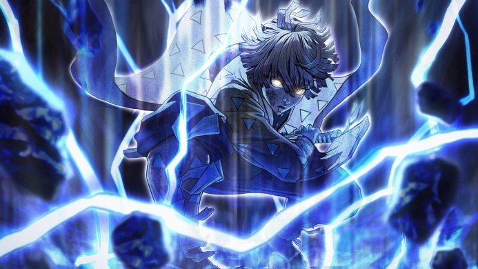 Zenitsu Agatsuma from Demon Slayer surrounded by blue lightning