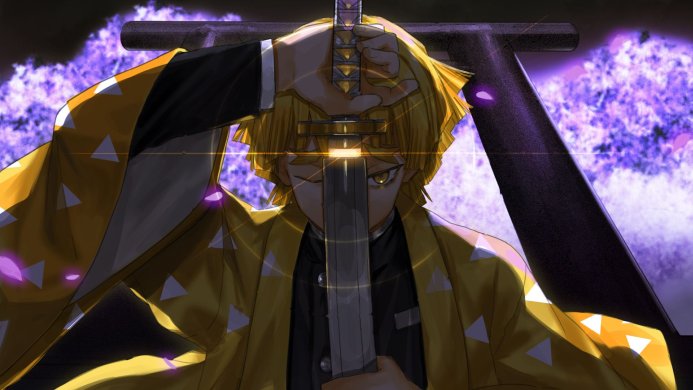 Zenitsu Agatsuma, a character from Demon Slayer, holding a sword in front of his face