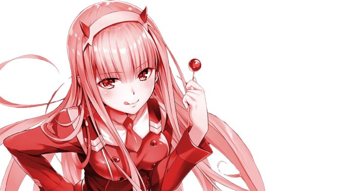 Zero Two from Darling in the Franxx in a red school uniform holding a lollipop