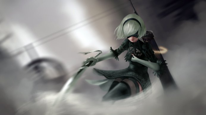 2B, an android from NieR: Automata, wielding a sword in a dynamic pose