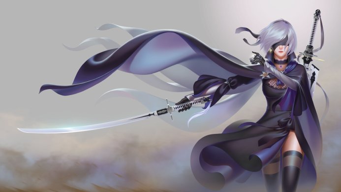 2B from Nier: Automata, an android with a sword and blindfold