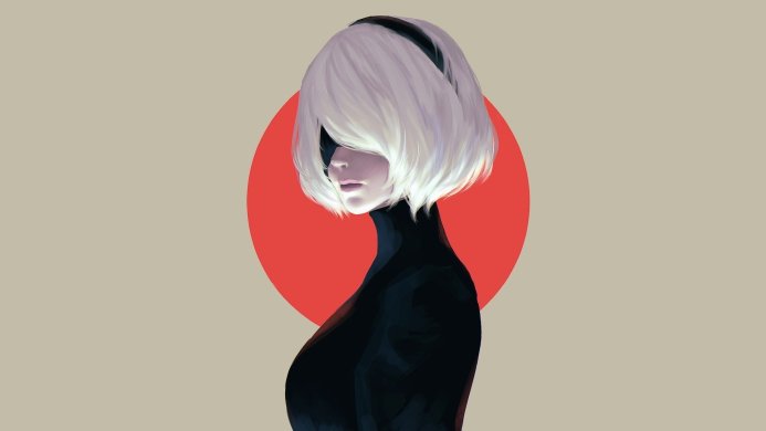 2B, an android from Nier: Automata, with a red circle in the background