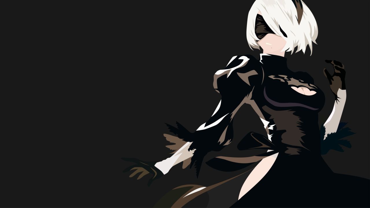 2B in a black dress on a dark background