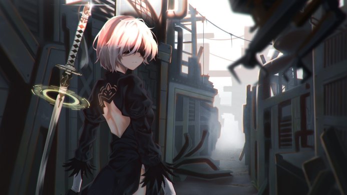 2B from NieR: Automata stands in a ruined city, wielding her sword