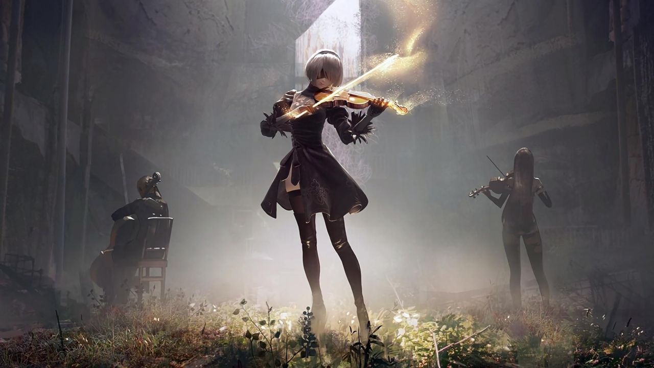 2B playing violin in ruins