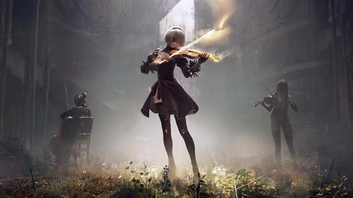 2B from NieR:Automata playing a violin in a ruined world