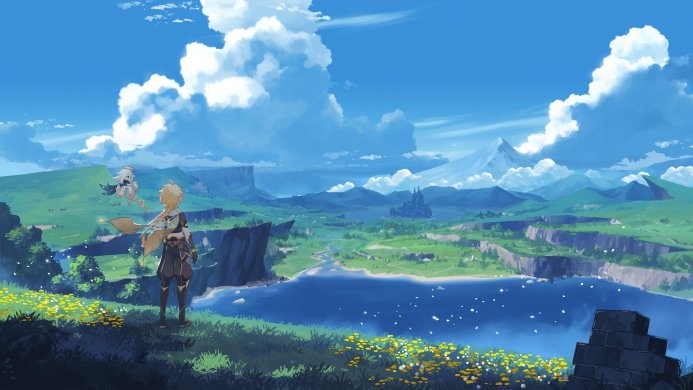 Aether and Paimon from Genshin Impact overlooking a vast landscape