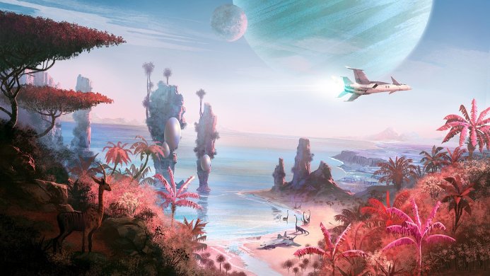 Exotic alien landscape with a plane flying by and dinosaurs on the beach