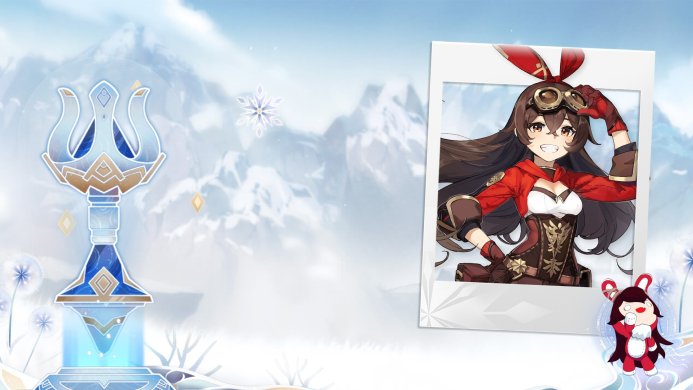 Amber and Baron Bunny, characters from Genshin Impact, on a winter background