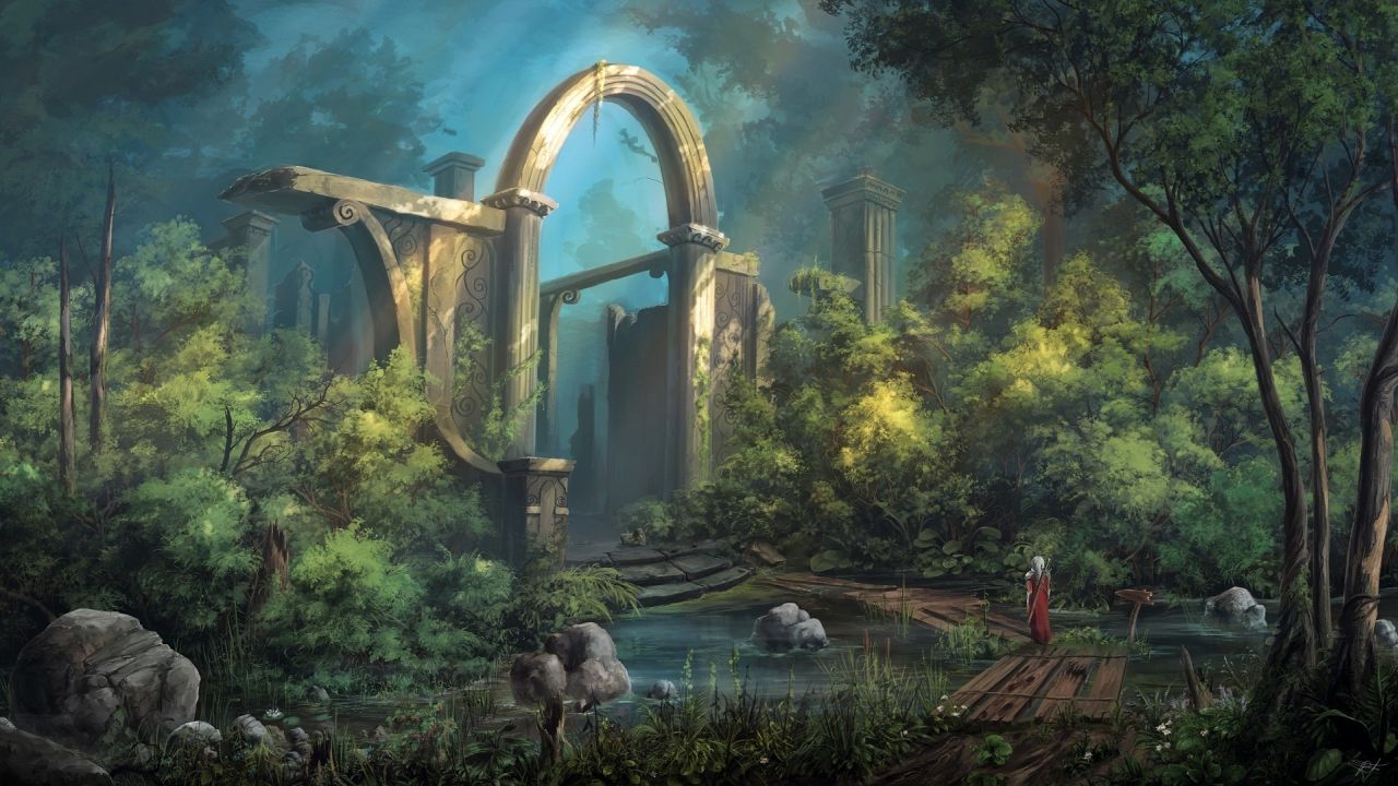 Ancient ruins forest stream bridge figure fantasy art