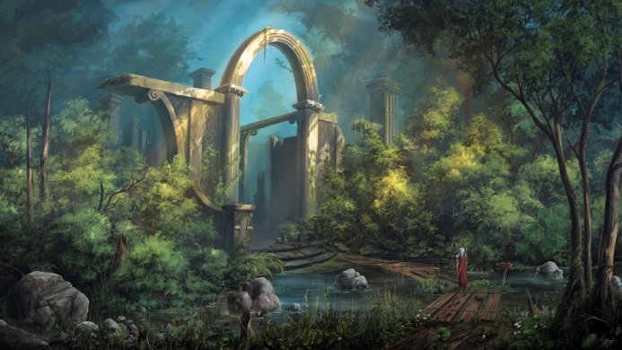 Ancient stone archway ruins in a dense, green forest landscape with a small stream and wooden bridge