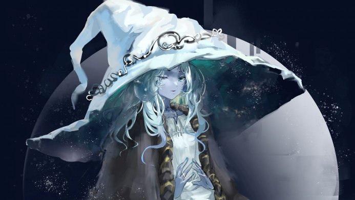 Anime girl with long white hair wearing a large, ornate witch hat
