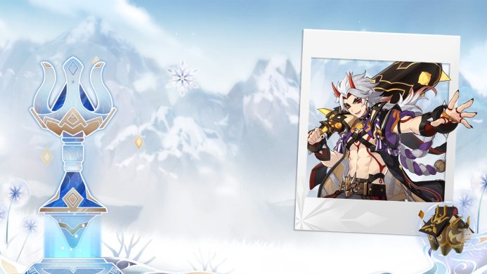 Arataki Itto and Ushi from Genshin Impact on a white background