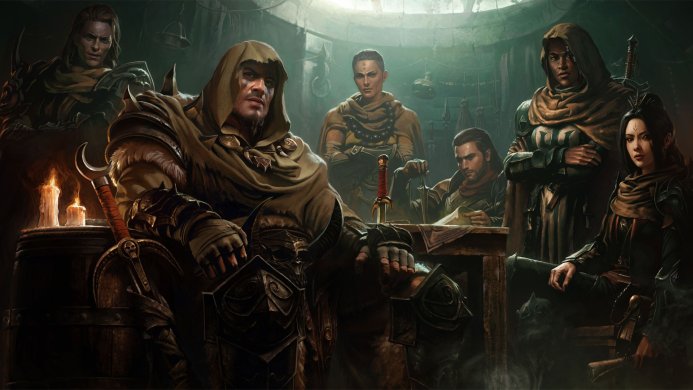 A group of armored warriors in a dimly lit medieval setting