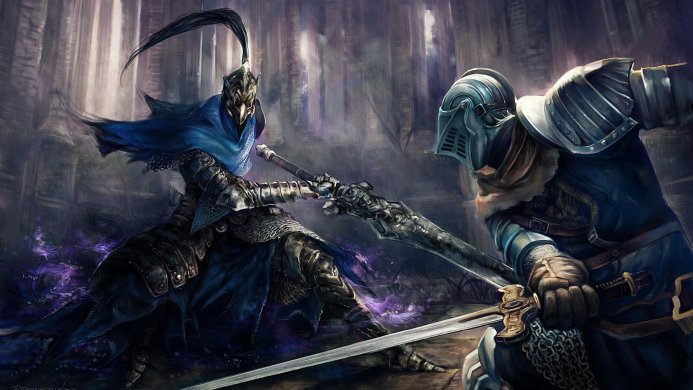 Artorias the Abysswalker fighting a knight in Dark Souls