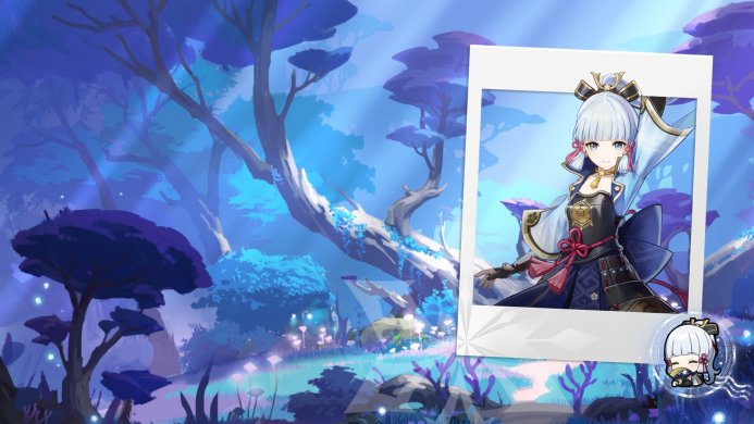 Ayaka Kamisato in front of an anime style forest background